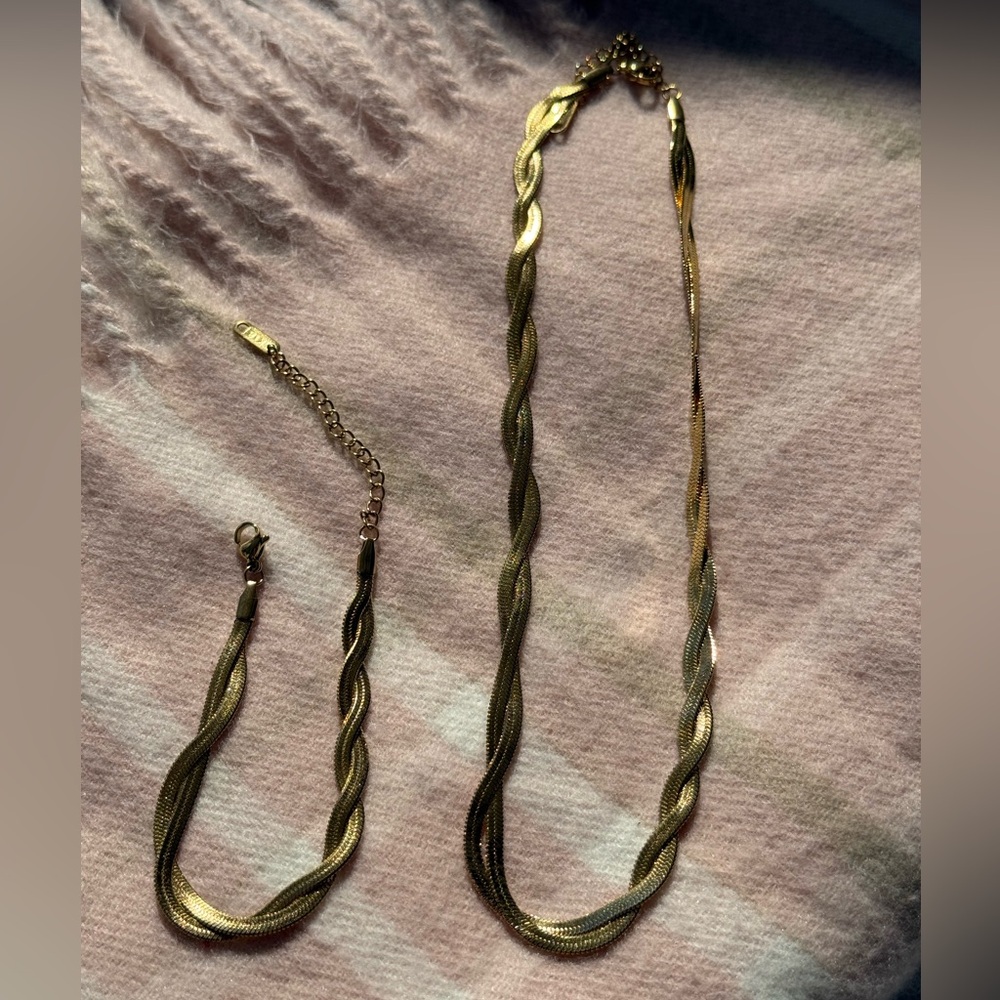 Braided New Herringbone Necklace Bracelet
 Gold 18K plated Set Stainless Steel - Picture 13 of 15
